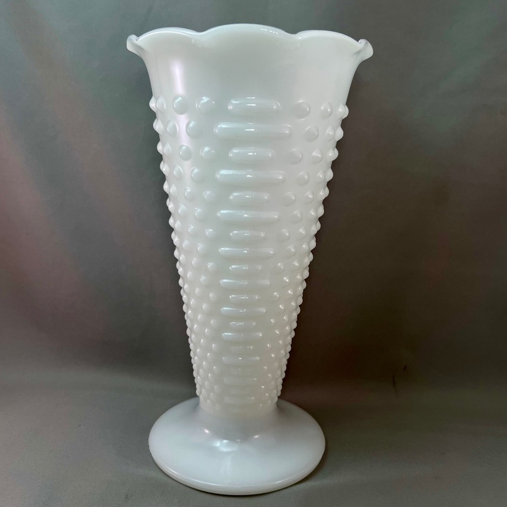 Vintage Milk Glass Hobnail Trumpet Vase White 9.5" Scalloped Rim Pedestal Base - Picture 2 of 12